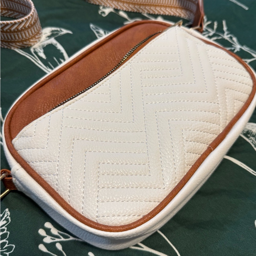 White and Brown Quilted Crossbody Bag
